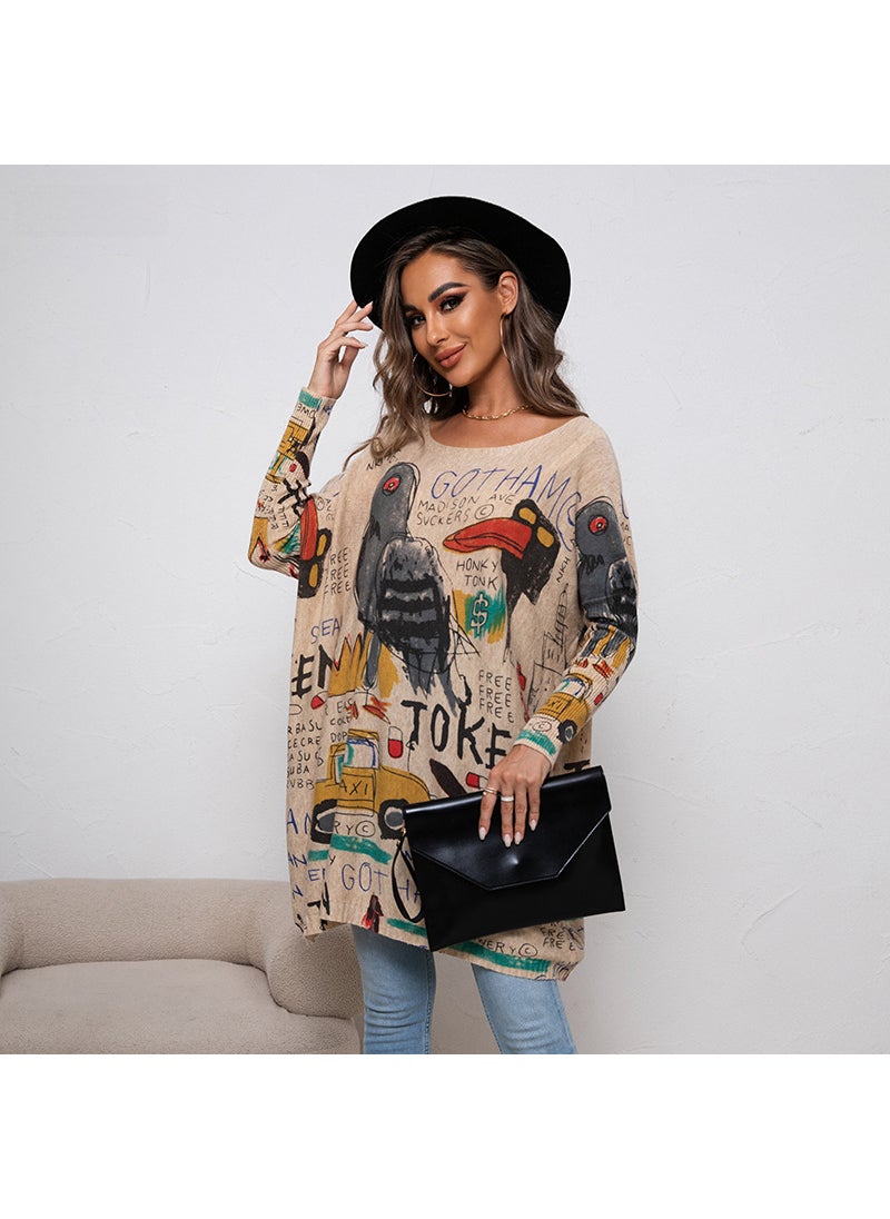 2023 New European and American Large Size Cartoon Printed Sweater Long-sleeved Womens Casual Pullover Loose Sweater Top Cross-Border White