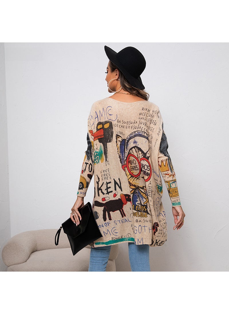 2023 New European and American Large Size Cartoon Printed Sweater Long-sleeved Womens Casual Pullover Loose Sweater Top Cross-Border White