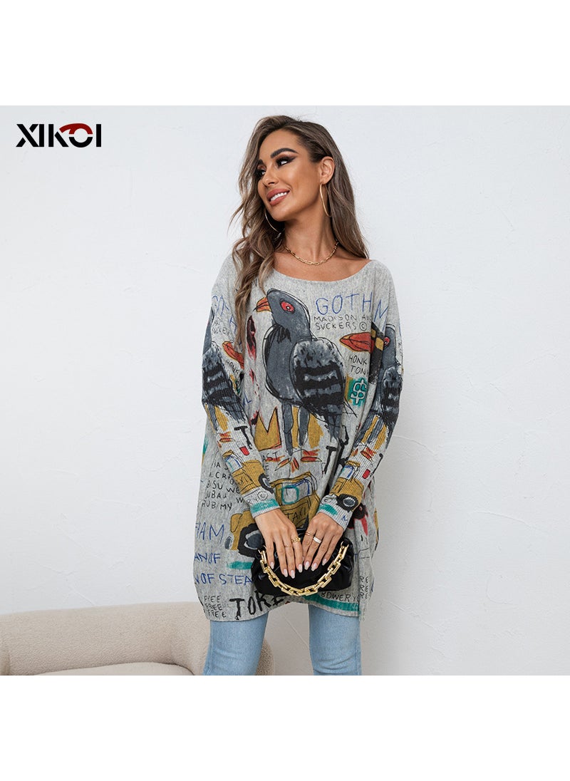 2023 New European and American Large Size Cartoon Printed Sweater Long-sleeved Womens Casual Pullover Loose Sweater Top Cross-Border Grey