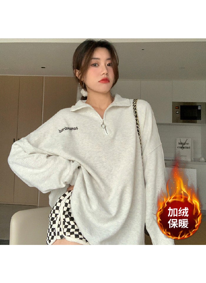 G 2022 autumn and winter BF style plus size loose mid-length stand collar fleece-lined sweater womens zipper pullover coat fashion Melange gray