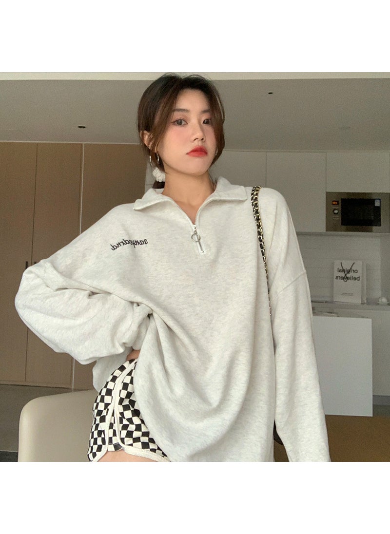 G 2022 autumn and winter BF style plus size loose mid-length stand collar fleece-lined sweater womens zipper pullover coat fashion Melange gray