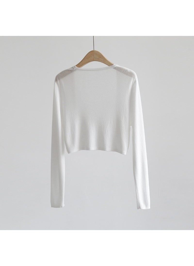 Sunscreen Knitted Cardigan Womens Thin Jacket Ice Silk Overshirt Shawl Air-conditioning Shirt Summer Skirt with Suspender White