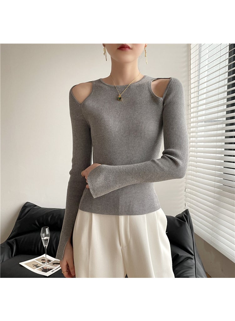 6308 Autumn and Winter New Hong Kong Style Retro Fashionable Round Neck Shoulder Cuff Split Slim Slim Look Thin Base Shirt Sweater Grey