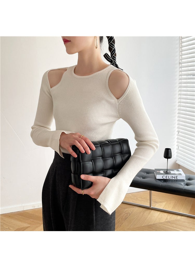 6308 Autumn and Winter New Hong Kong Style Retro Fashionable Round Neck Shoulder Cuff Split Slim Slim Look Thin Base Shirt Sweater Grey