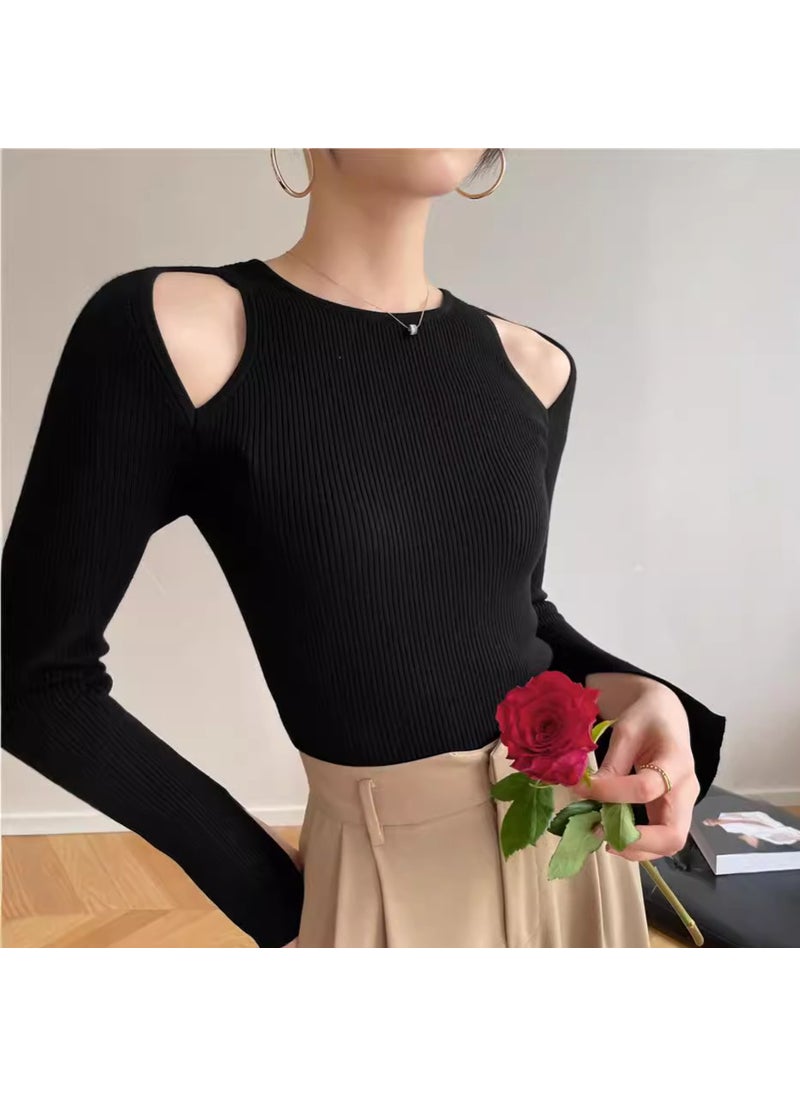 6308 Autumn and Winter New Hong Kong Style Retro Fashionable Round Neck Shoulder Cuff Split Slim Slim Look Thin Base Shirt Sweater Black