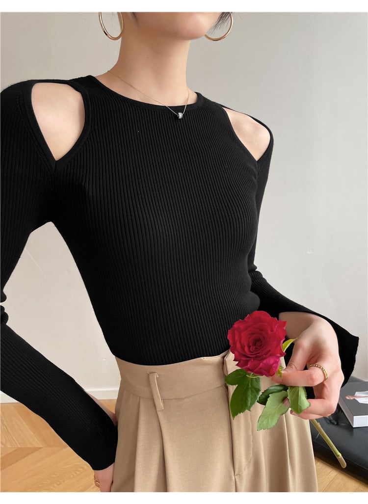 6308 Autumn and Winter New Hong Kong Style Retro Fashionable Round Neck Shoulder Cuff Split Slim Slim Look Thin Base Shirt Sweater Black