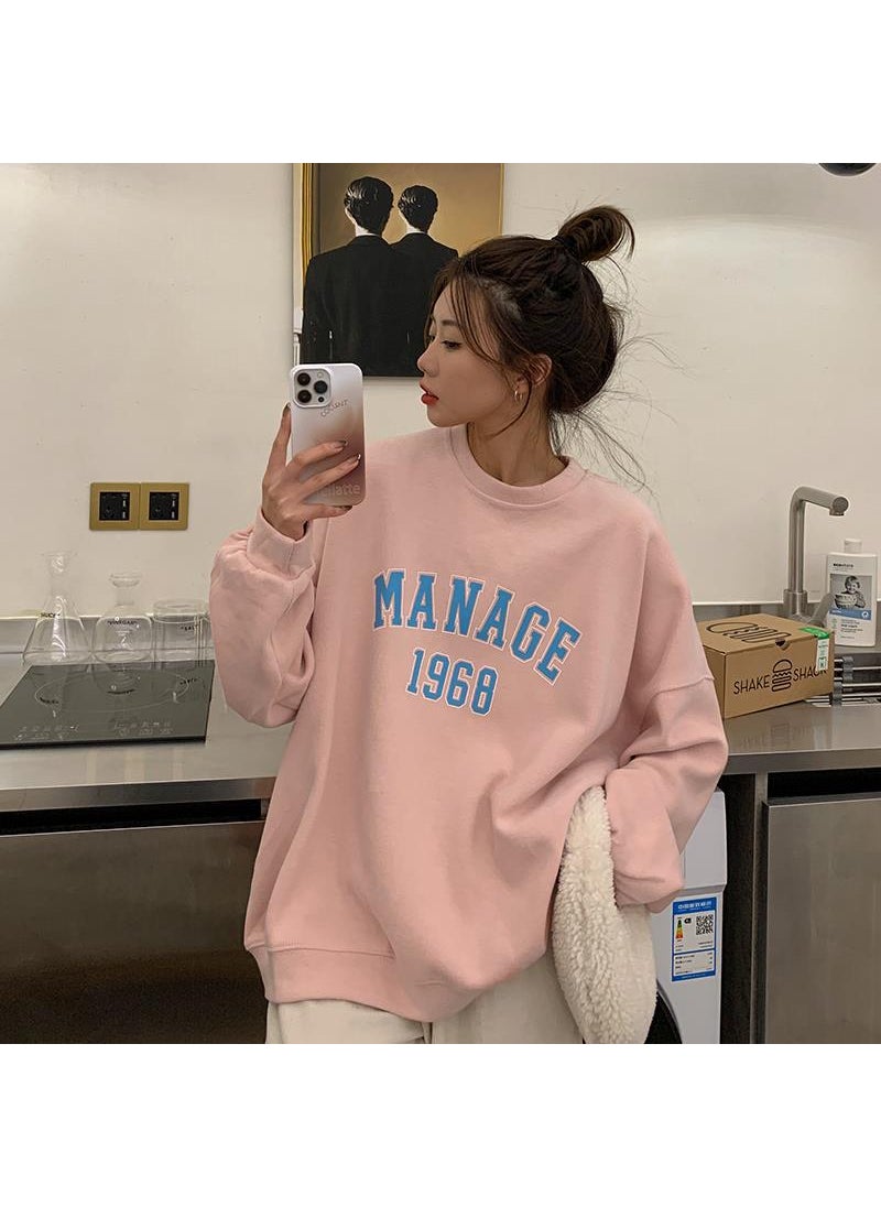 Spring and Autumn 2024 New Korean-style Letter Printed Loose Large Size Round Neck Sweat Womens Long-sleeved All-match Trendy Top Pink