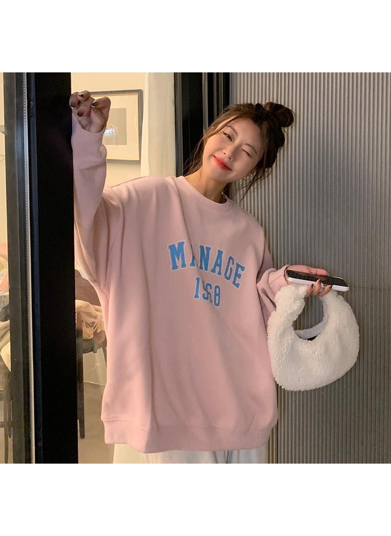 Spring and Autumn 2024 New Korean-style Letter Printed Loose Large Size Round Neck Sweat Womens Long-sleeved All-match Trendy Top Pink