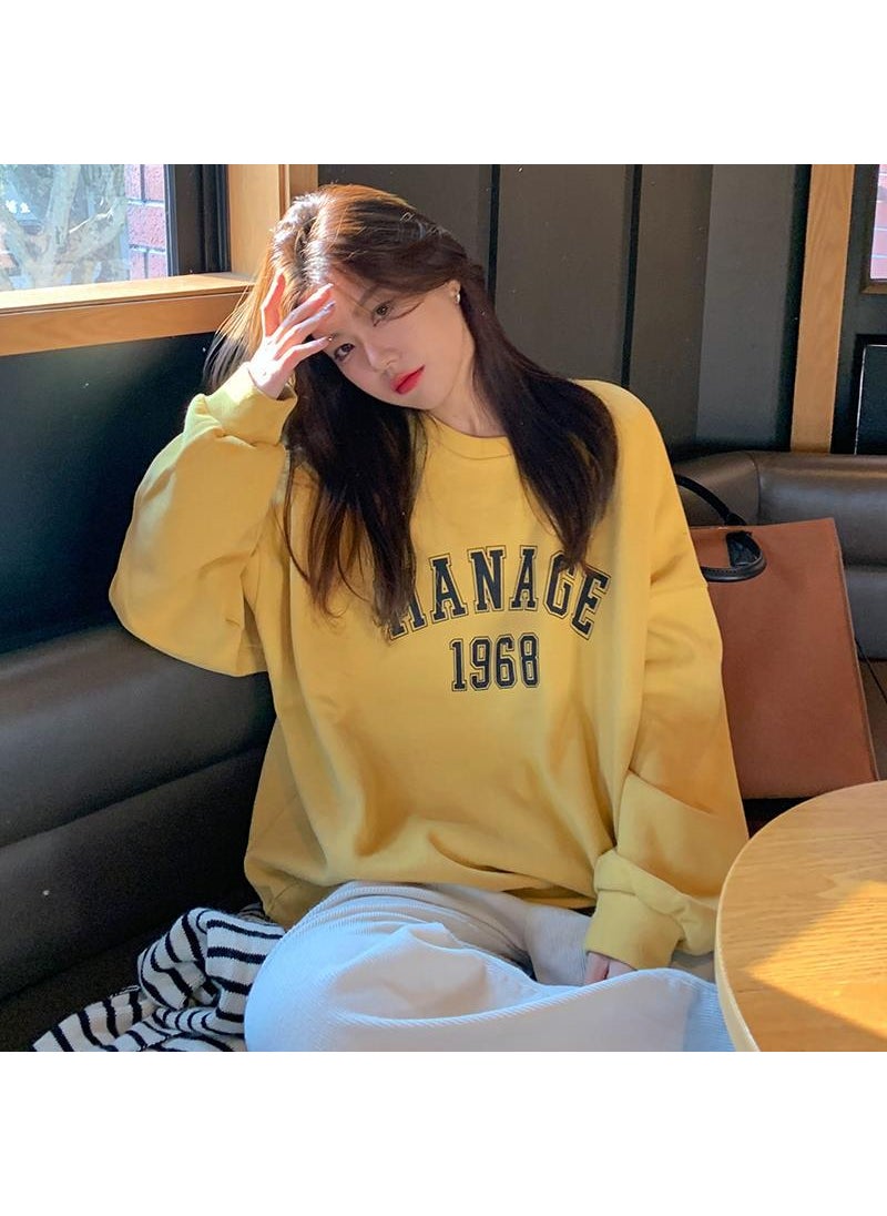 Spring and Autumn 2024 New Korean-style Letter Printed Loose Large Size Round Neck Sweat Womens Long-sleeved All-match Trendy Top Pink