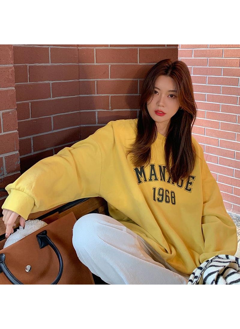 Spring and Autumn 2024 New Korean-style Letter Printed Loose Large Size Round Neck Sweat Womens Long-sleeved All-match Trendy Top Yellow