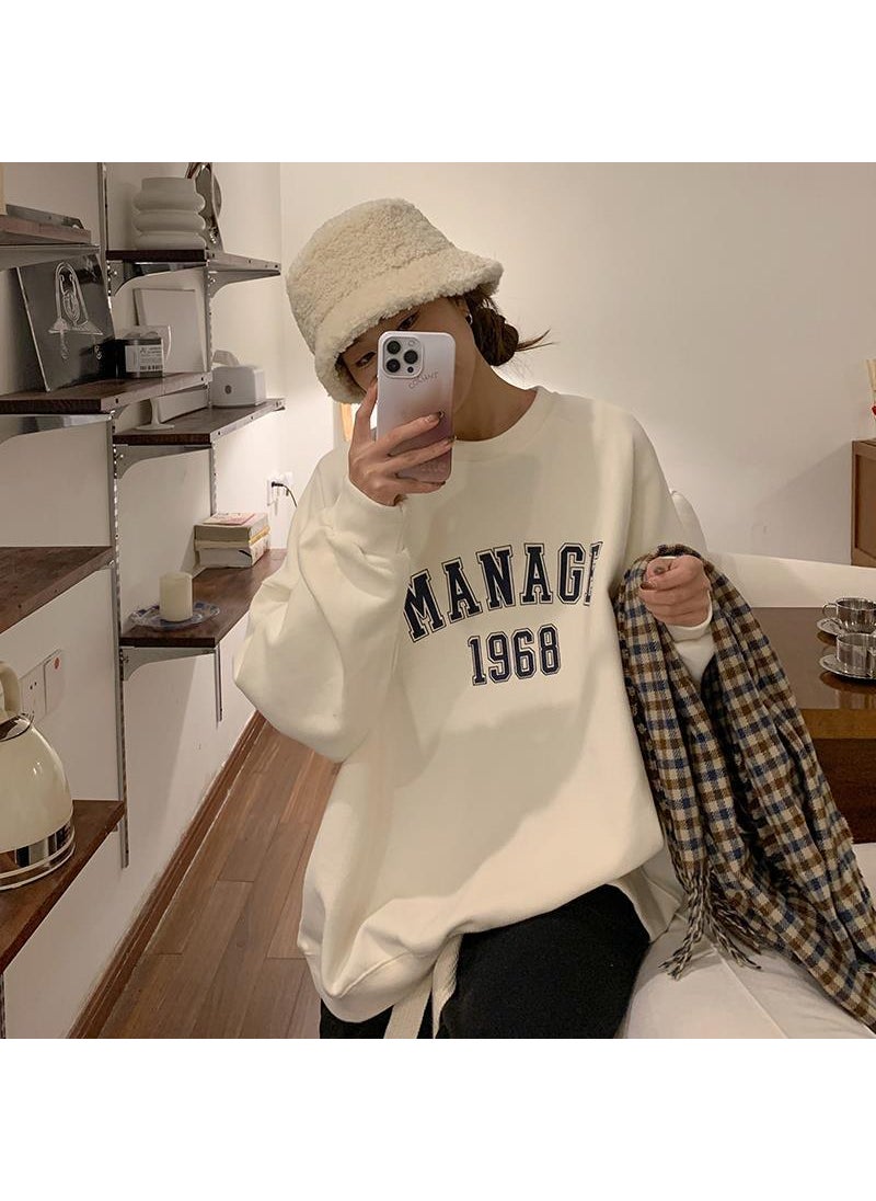 Spring and Autumn 2024 New Korean-style Letter Printed Loose Large Size Round Neck Sweat Womens Long-sleeved All-match Trendy Top Apricot