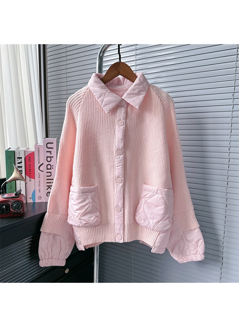 Cross-border European Goods Design Sense Niche Sweater Coat Womens Autumn and Winter New Lazy Style Cotton-padded Jacket Stitching Knitted Cardigan Pink