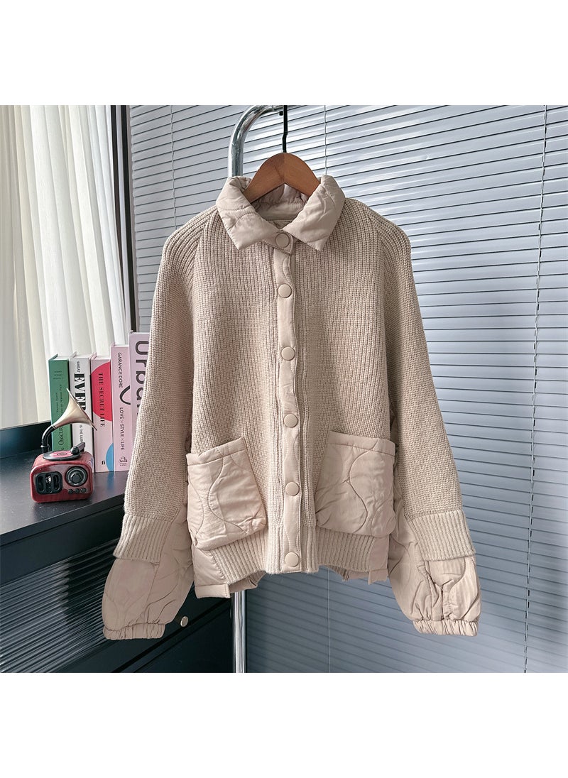 Cross-border European Goods Design Sense Niche Sweater Coat Womens Autumn and Winter New Lazy Style Cotton-padded Jacket Stitching Knitted Cardigan Pink