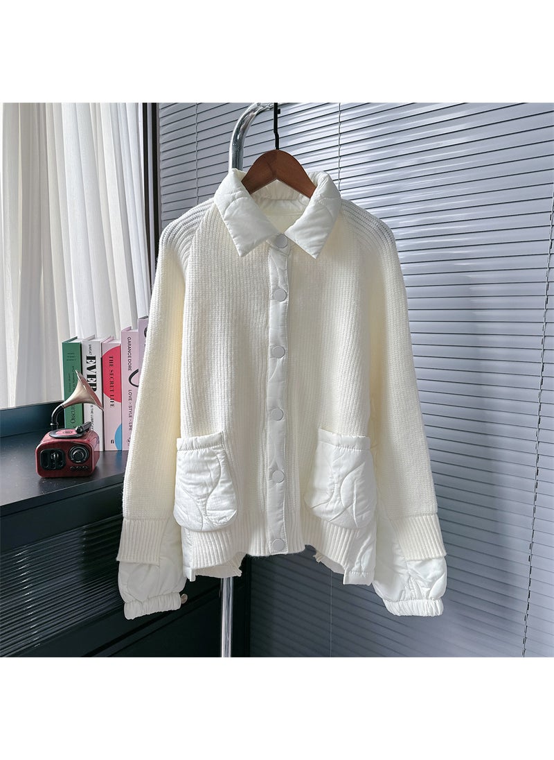 Cross-border European Goods Design Sense Niche Sweater Coat Womens Autumn and Winter New Lazy Style Cotton-padded Jacket Stitching Knitted Cardigan Creamy-white