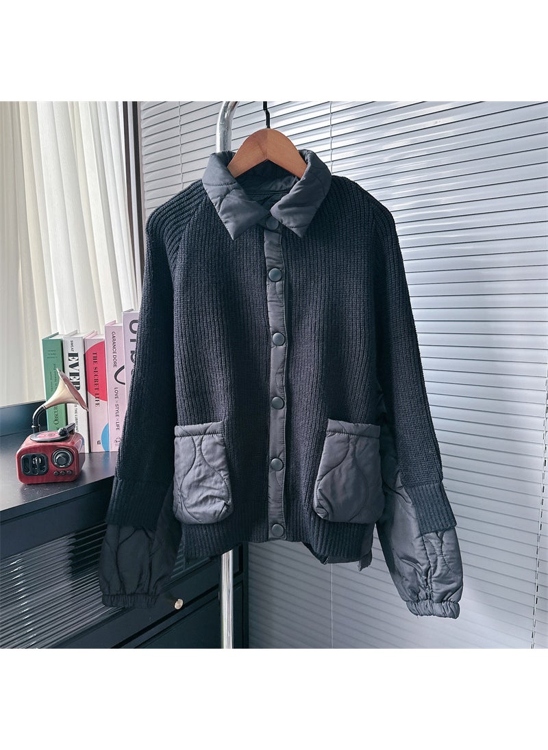 Cross-border European Goods Design Sense Niche Sweater Coat Womens Autumn and Winter New Lazy Style Cotton-padded Jacket Stitching Knitted Cardigan Black