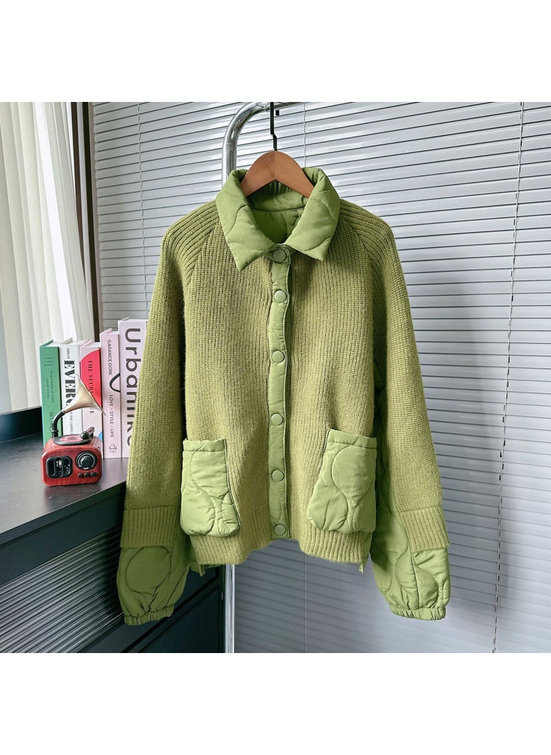 Cross-border European Goods Design Sense Niche Sweater Coat Womens Autumn and Winter New Lazy Style Cotton-padded Jacket Stitching Knitted Cardigan Green