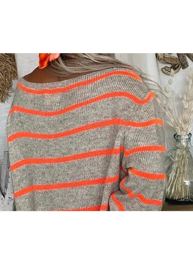 2023 autumn and winter independent station New sweater cross-border European and American solid color contrast color striped pullover round neck loose sweater for women Pink