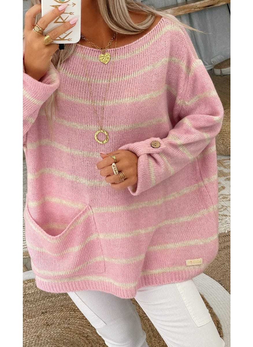 2023 autumn and winter independent station New sweater cross-border European and American solid color contrast color striped pullover round neck loose sweater for women Pink