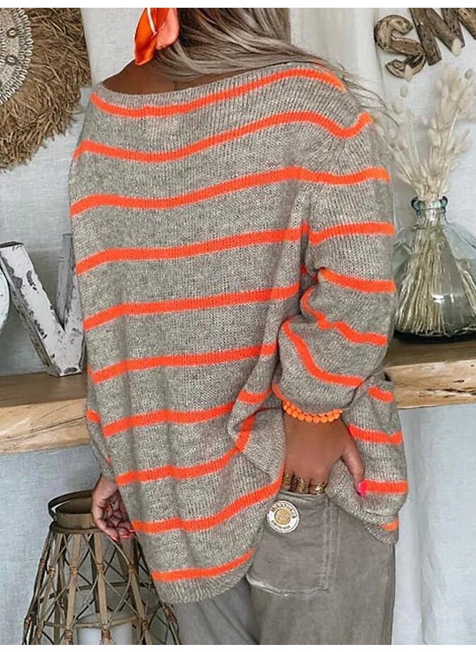 2023 autumn and winter independent station New sweater cross-border European and American solid color contrast color striped pullover round neck loose sweater for women Pink