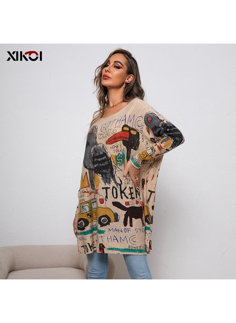 2023 New European and American Large Size Cartoon Printed Sweater Long-sleeved Womens Casual Pullover Loose Sweater Top Cross-Border Apricot