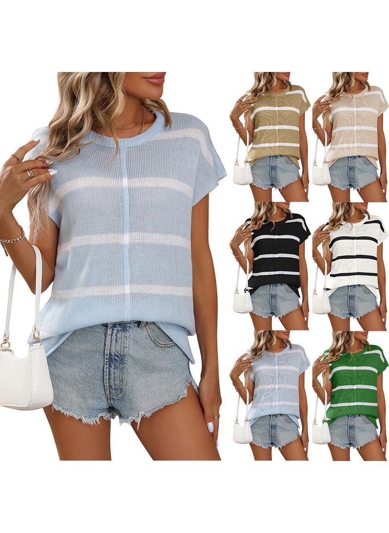 2024 Summer Stripe Knit Top, Casual Womens Sweater Light blue