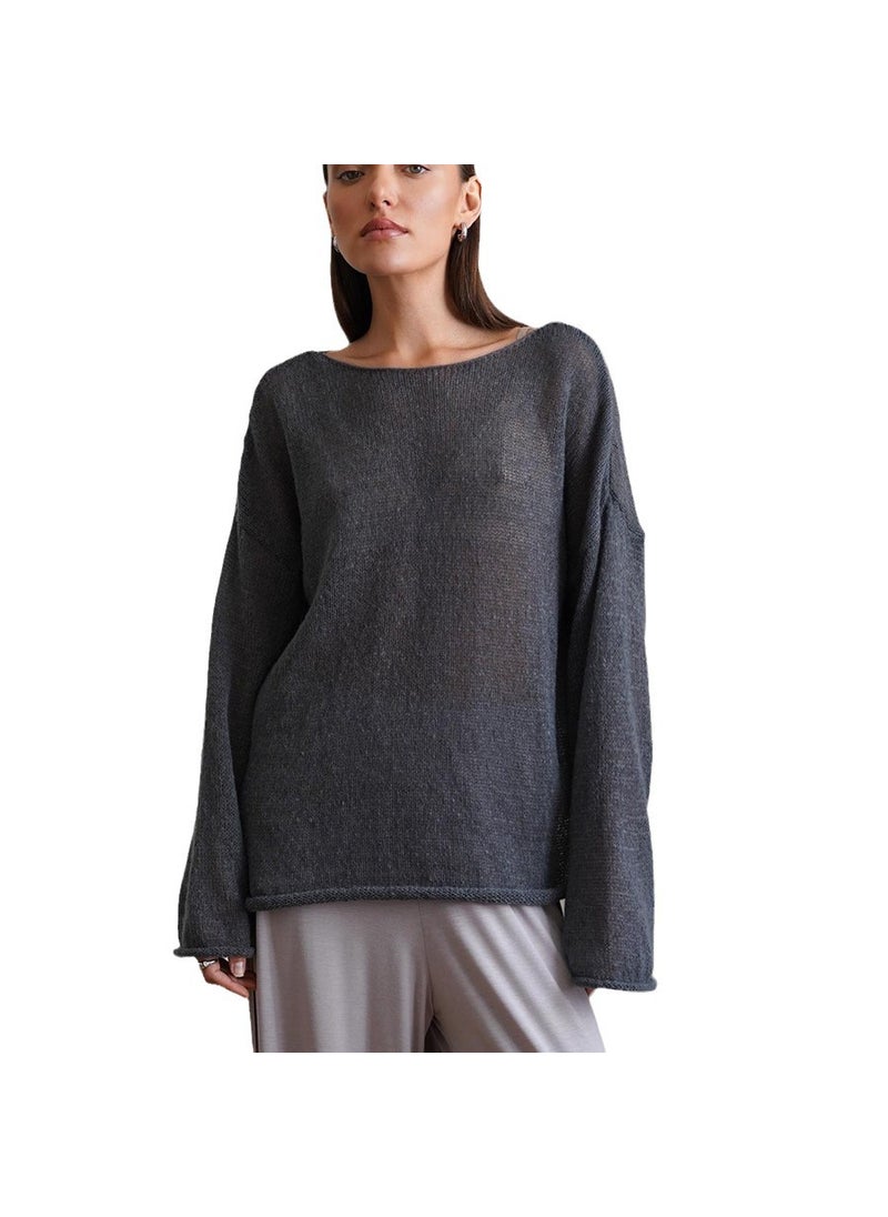 Cross-border European and American-style Autumn New Hollow Knitted Top 2024 New Round Neck Perspective Thin Sweater for Women Grey