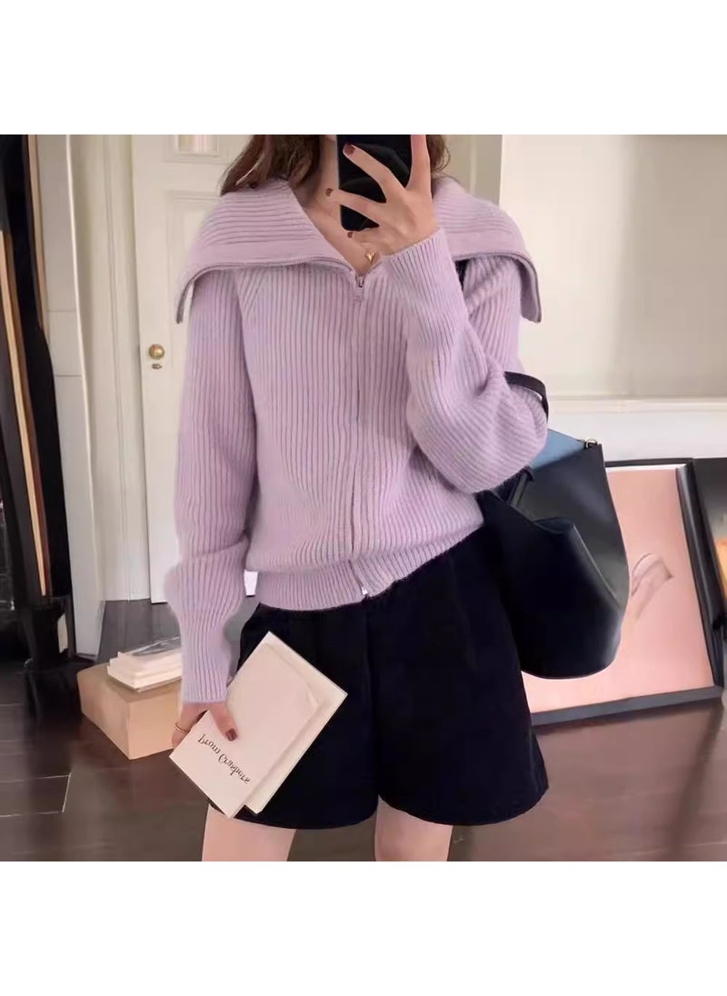 French Retro Style Design Zipper Large Lapel Sweater Jacket for Women Autumn and Winter New Loose Short Top Trendy Pink