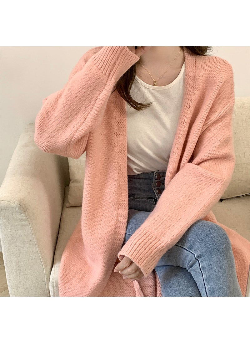 Knee-length Knitted Cardigan Loose Thickened Lazy Autumn and Winter Sweater Womens Gentle Soft Waxy Chic Top Pink