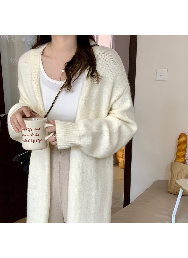 Knee-length Knitted Cardigan Loose Thickened Lazy Autumn and Winter Sweater Womens Gentle Soft Waxy Chic Top Pink