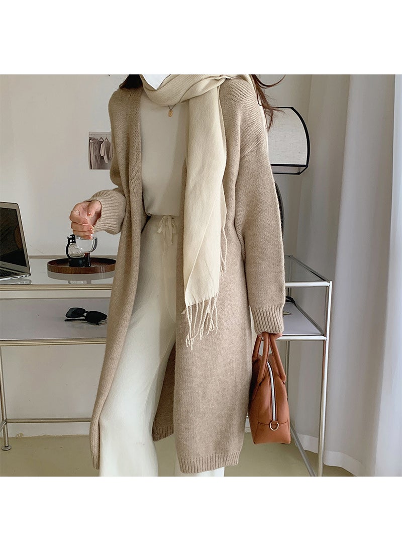 Knee-length Knitted Cardigan Loose Thickened Lazy Autumn and Winter Sweater Womens Gentle Soft Waxy Chic Top Khaki