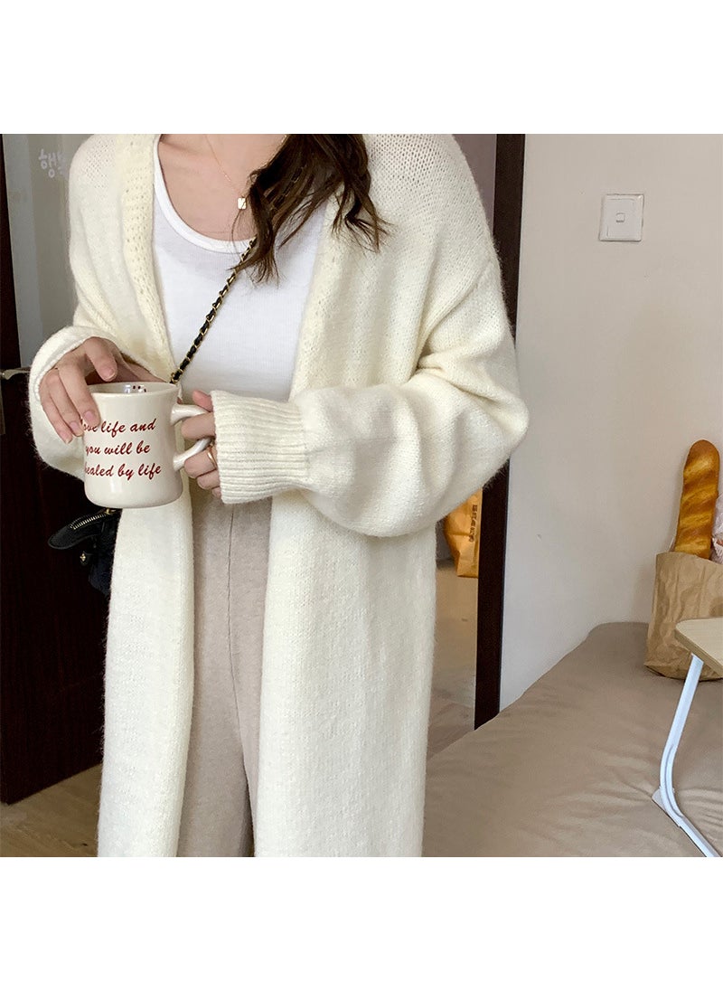 Knee-length Knitted Cardigan Loose Thickened Lazy Autumn and Winter Sweater Womens Gentle Soft Waxy Chic Top Milky White