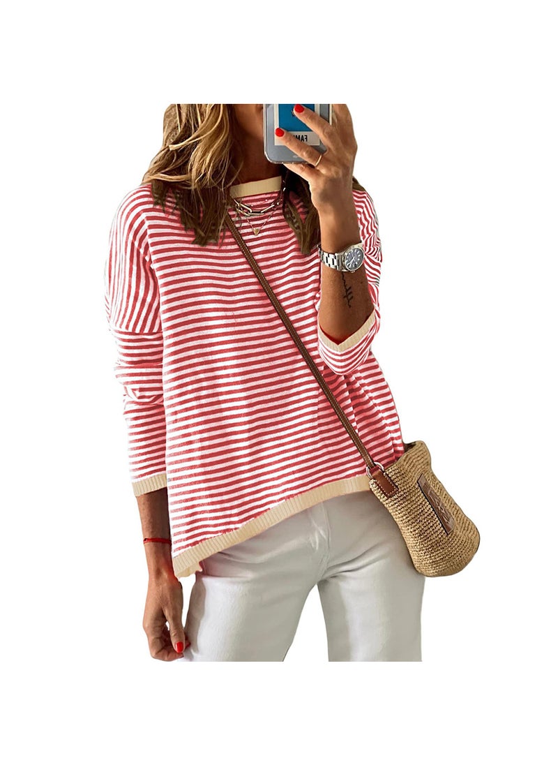 2024 Autumn Winter Striped Colorblock Womens Sweater Red