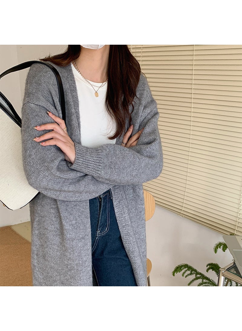 Knee-length Knitted Cardigan Loose Thickened Lazy Autumn and Winter Sweater Womens Gentle Soft Waxy Chic Top Grey