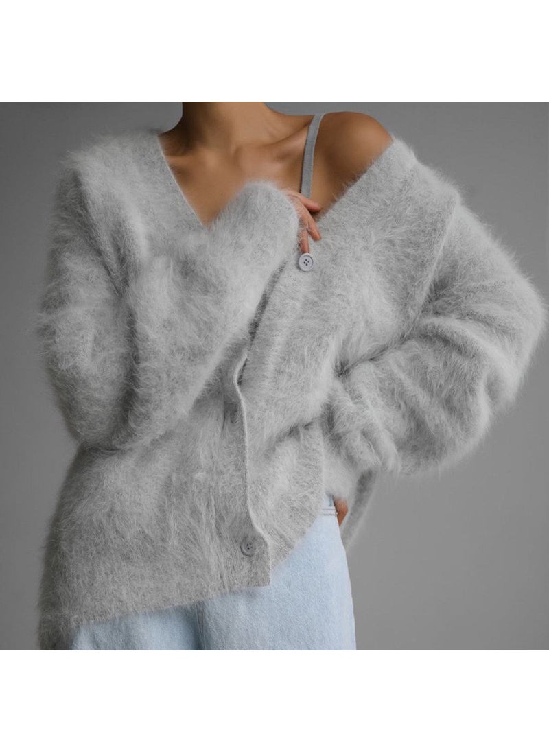 2024 Autumn Winter V-Neck Cashmere Sweater Cardigan for Women Light gray