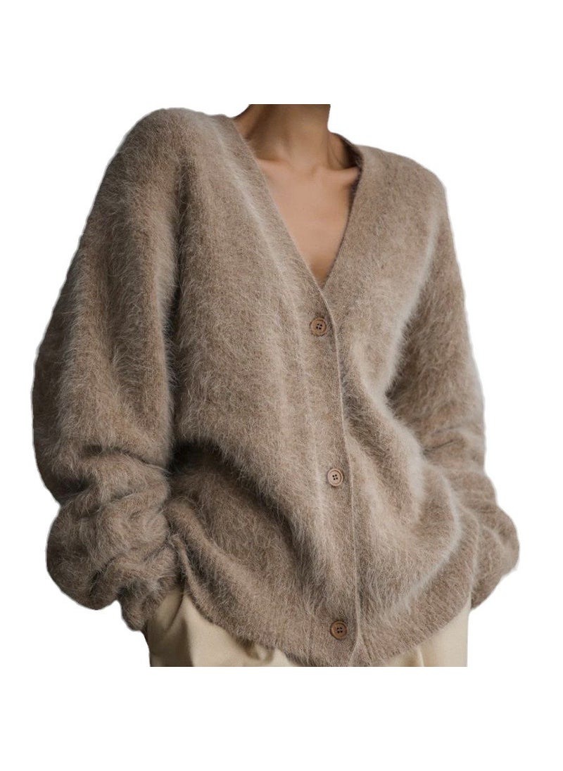 2024 Autumn Winter V-Neck Cashmere Sweater Cardigan for Women Khaki