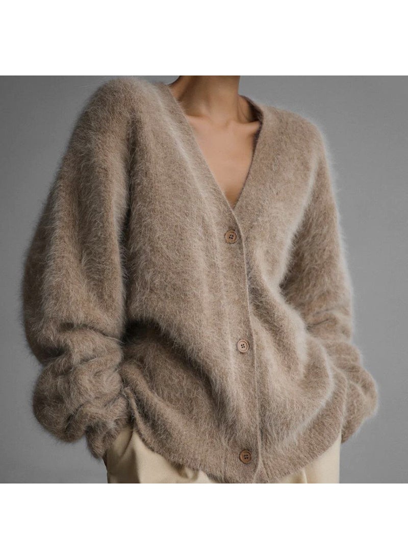 2024 Autumn Winter V-Neck Cashmere Sweater Cardigan for Women Khaki