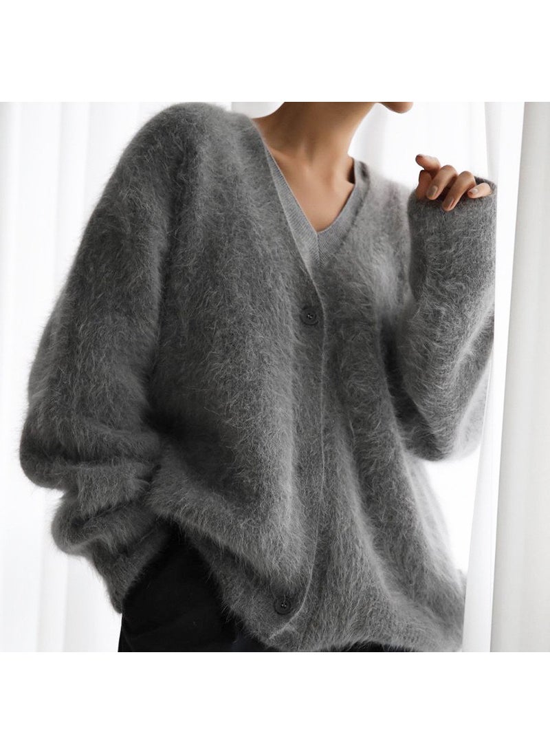 2024 Autumn Winter V-Neck Cashmere Sweater Cardigan for Women Khaki