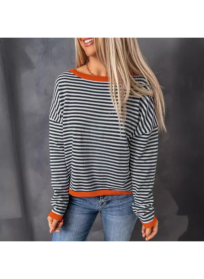 2024 Autumn Winter Striped Colorblock Womens Sweater black blue