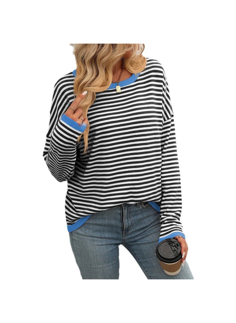 2024 Autumn Winter Striped Colorblock Womens Sweater black blue