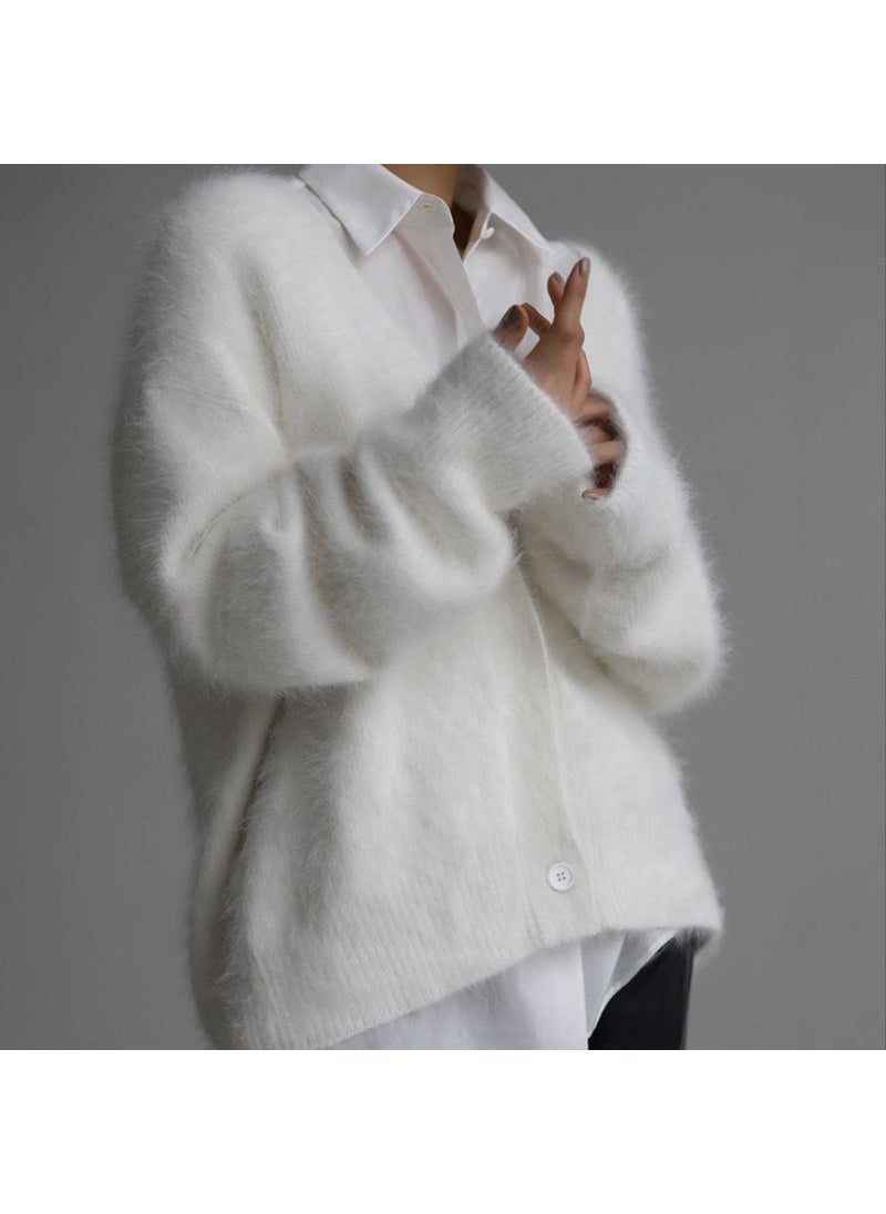 2024 Autumn Winter V-Neck Cashmere Sweater Cardigan for Women White