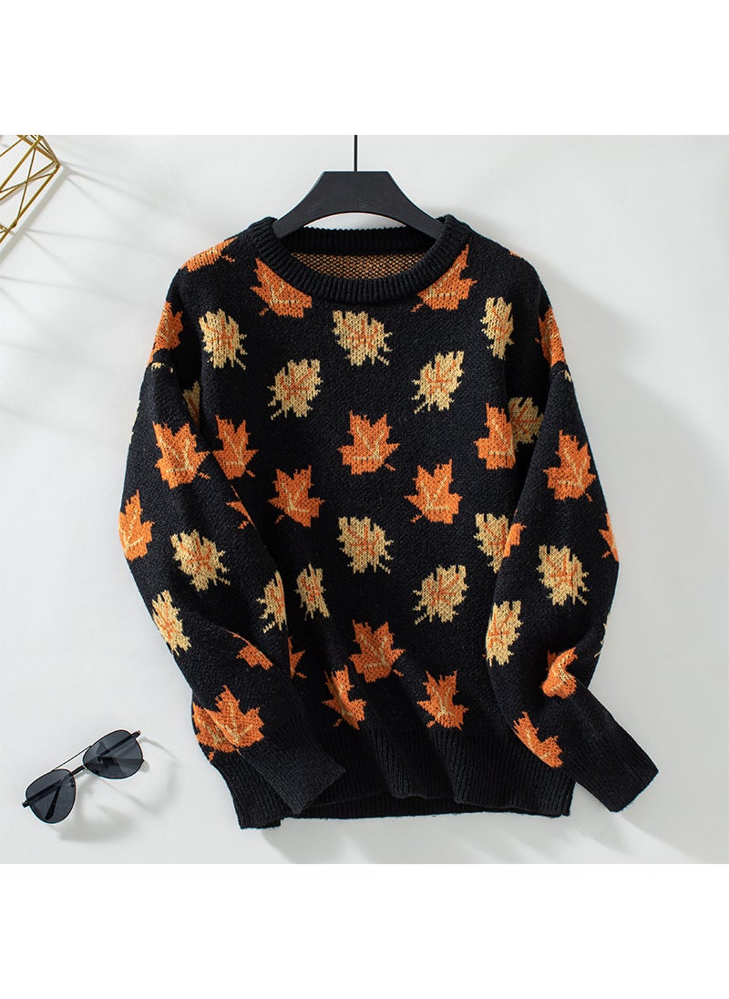 Autumn Winter 2024 Womens Maple Leaf Pattern Knit Sweater Black