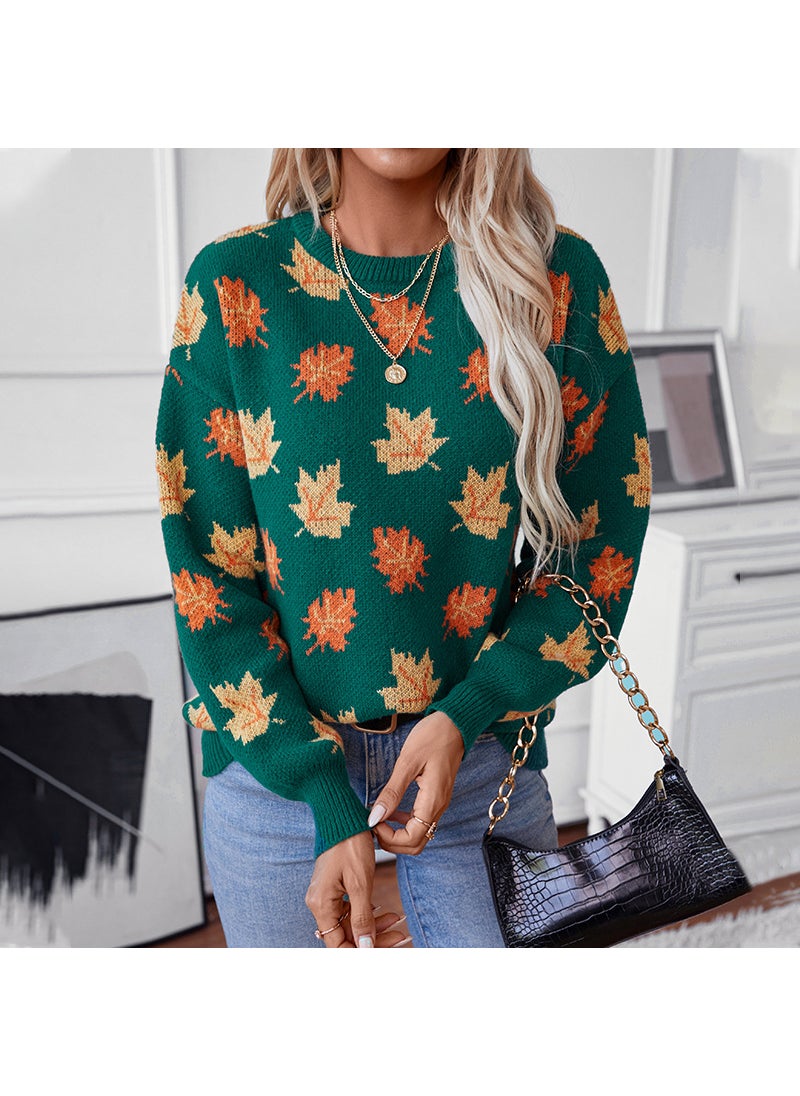 Autumn Winter 2024 Womens Maple Leaf Pattern Knit Sweater Black