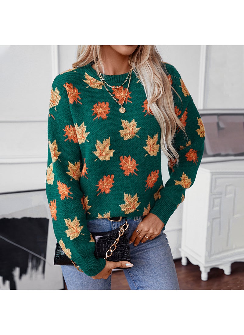 Autumn Winter 2024 Womens Maple Leaf Pattern Knit Sweater Black