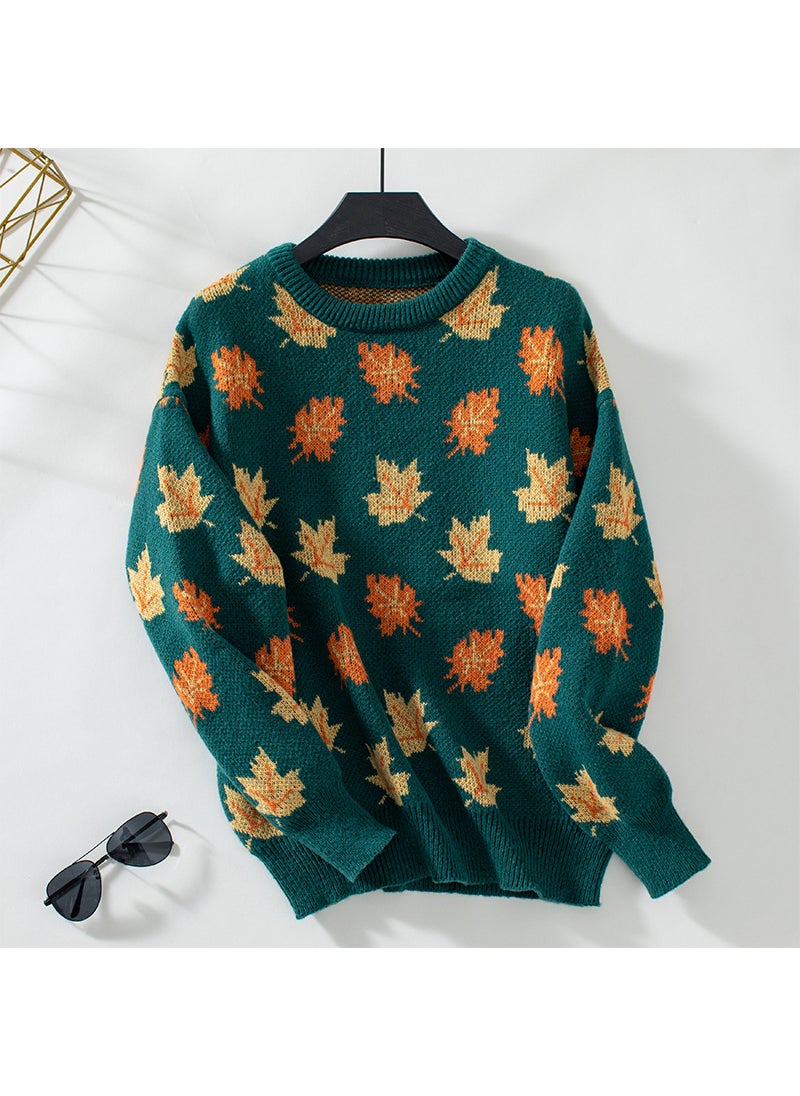 Autumn Winter 2024 Womens Maple Leaf Pattern Knit Sweater Black