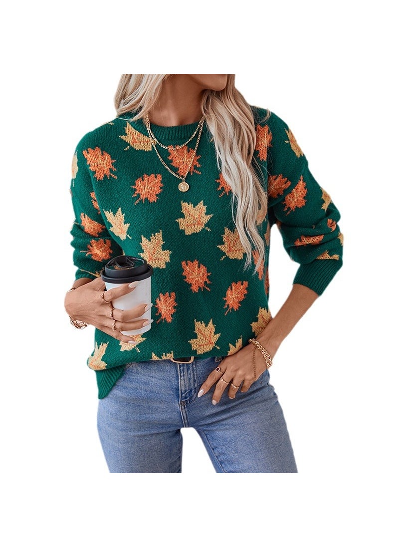 Autumn Winter 2024 Womens Maple Leaf Pattern Knit Sweater Black