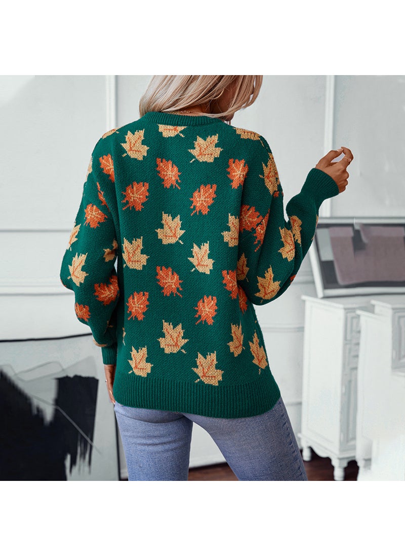 Autumn Winter 2024 Womens Maple Leaf Pattern Knit Sweater Black