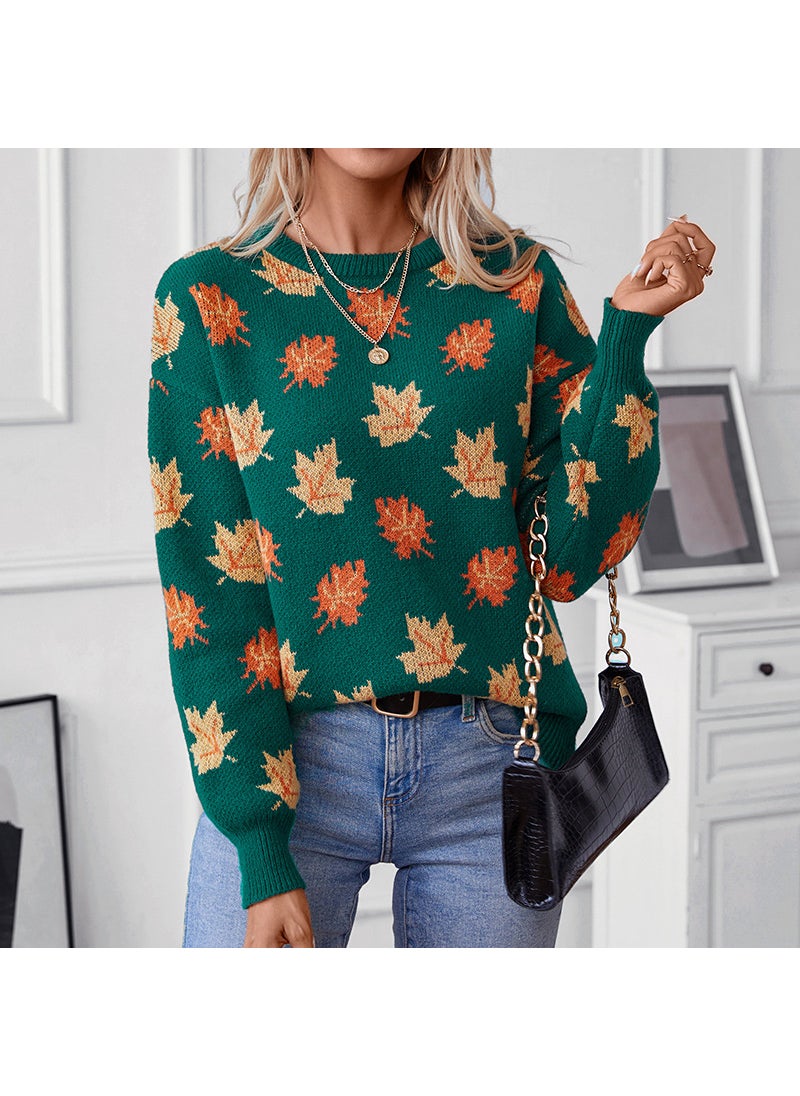 Autumn Winter 2024 Womens Maple Leaf Pattern Knit Sweater Black