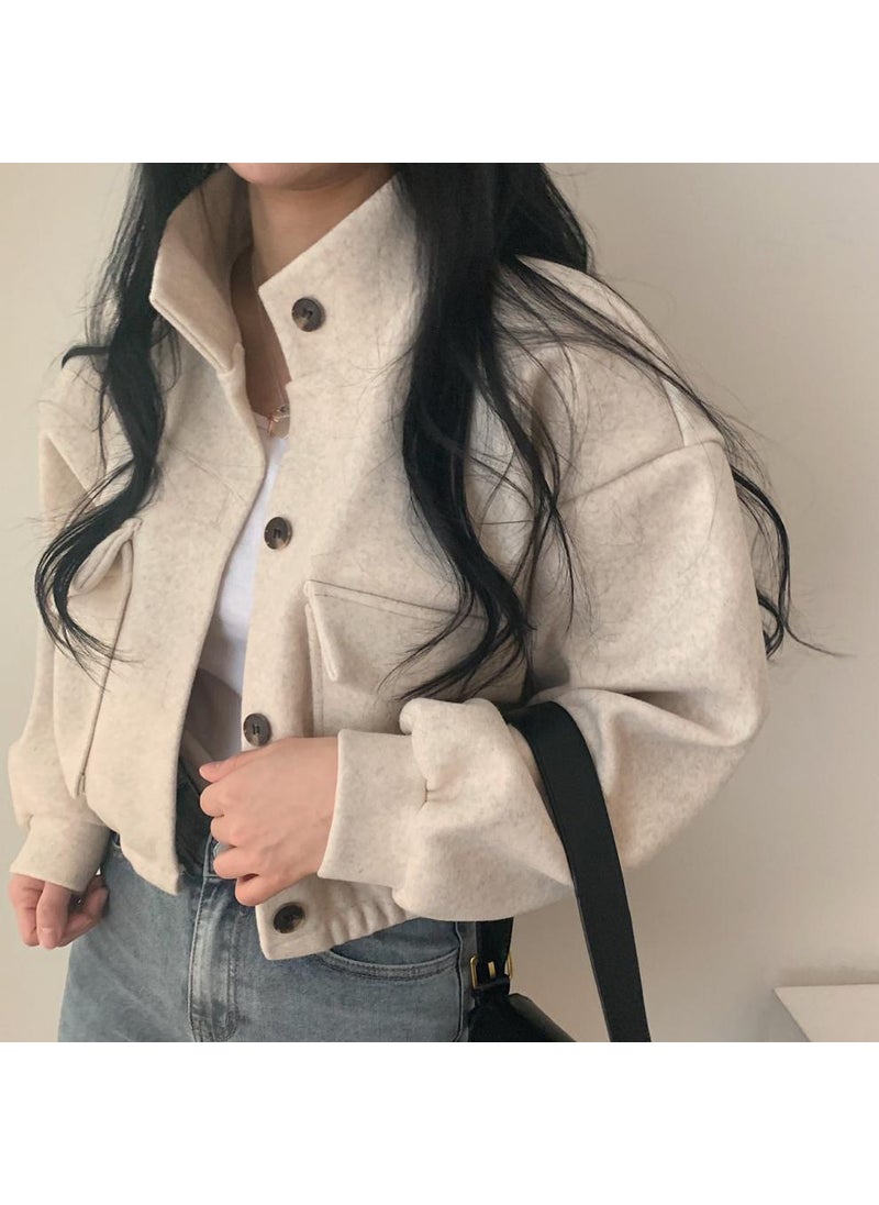 Korean Style Cool Handsome Retro Top Womens Autumn and Winter Locomotive Small Stand Collar Casual Short Age-reducing Loose Woolen Jacket Womens Clothing Apricot