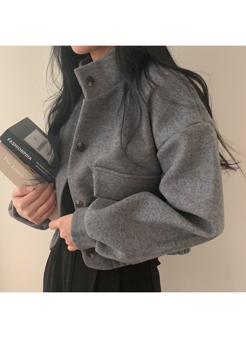 Korean Style Cool Handsome Retro Top Womens Autumn and Winter Locomotive Small Stand Collar Casual Short Age-reducing Loose Woolen Jacket Womens Clothing Apricot