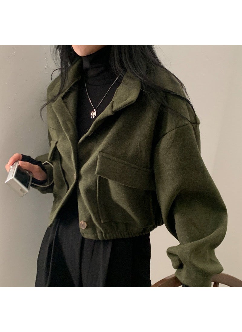 Korean Style Cool Handsome Retro Top Womens Autumn and Winter Locomotive Small Stand Collar Casual Short Age-reducing Loose Woolen Jacket Womens Clothing Apricot